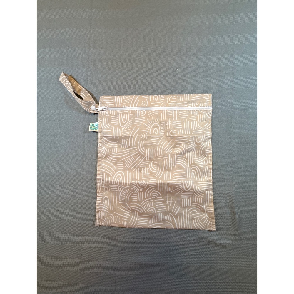 Bumkins Wet Bag Small Reusable Waterproof Pouch Tan Abstract Line Print Zipper